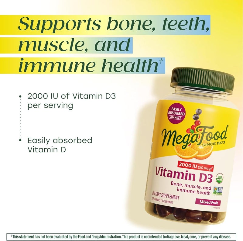 MegaFood Vitamin D3 2000 IU (50 mcg) Gummies - Bone, Muscle & Immune Support - USDA Organic, Non-GMO, Mixed Fruit, 70 Gummies - Image 4