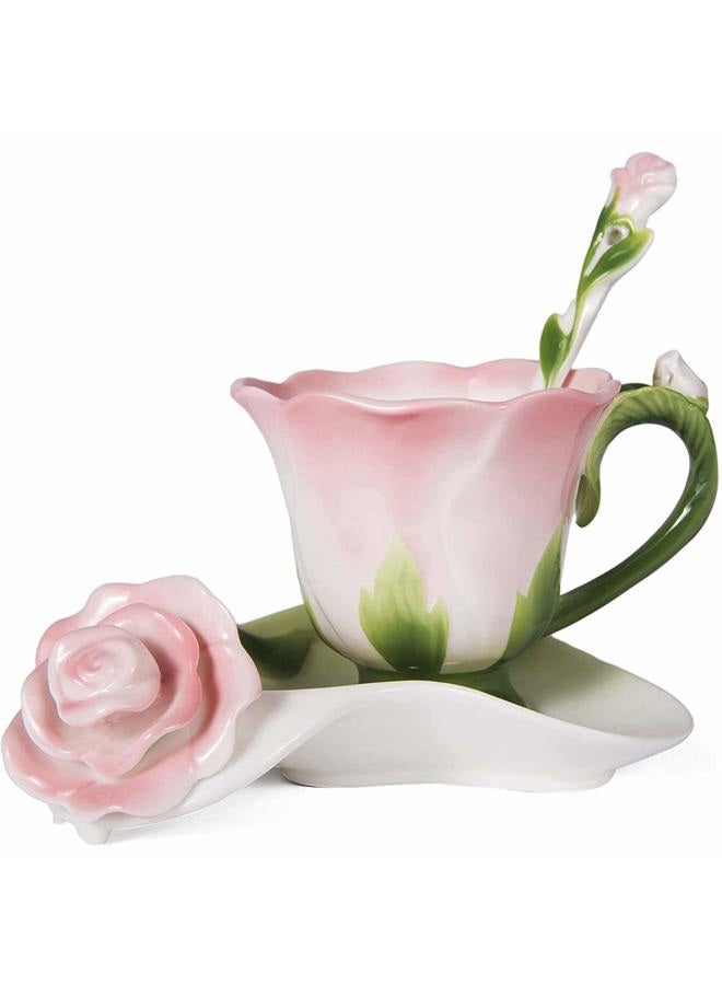 OneUstar Pink Tea Cup and Sauce Set for 1 Rose Flower Teacup Ceramic Hand Crafted Coffee Cup for Valentine's Day Mother's Day Thanksgiving Gift 7 Oz - Image 1