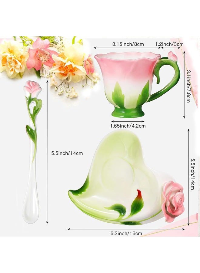 OneUstar Pink Tea Cup and Sauce Set for 1 Rose Flower Teacup Ceramic Hand Crafted Coffee Cup for Valentine's Day Mother's Day Thanksgiving Gift 7 Oz - Image 5