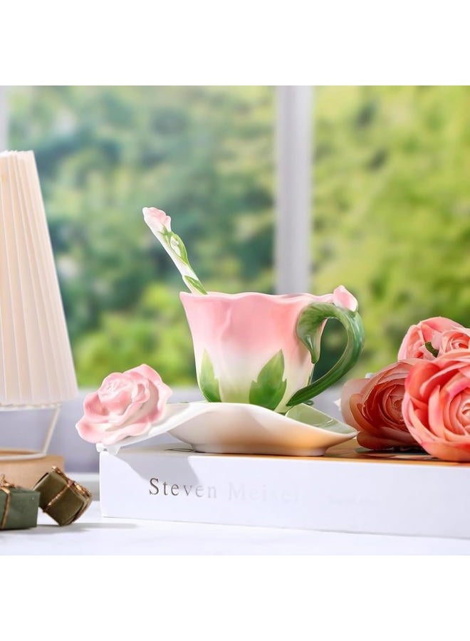 OneUstar Pink Tea Cup and Sauce Set for 1 Rose Flower Teacup Ceramic Hand Crafted Coffee Cup for Valentine's Day Mother's Day Thanksgiving Gift 7 Oz - Image 2