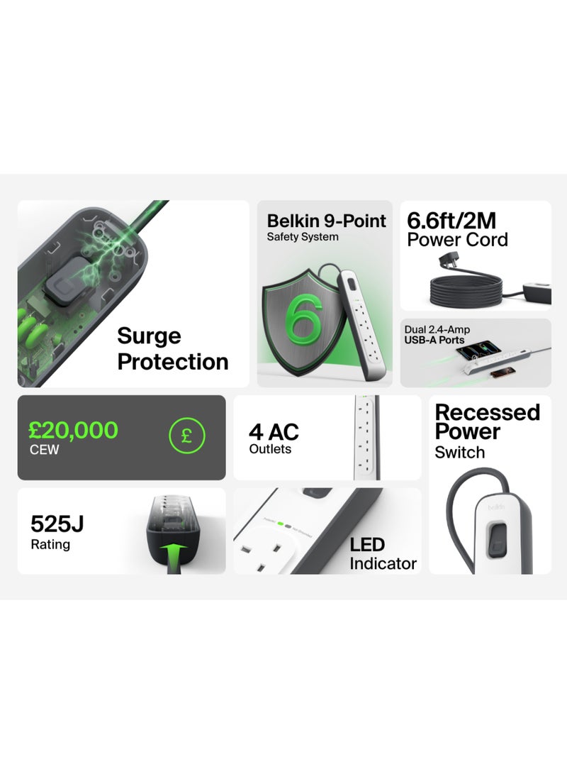 belkin 4 Way/4 Plug Surge Protection Strip With 2 Meters Cord Length - Heavy Duty Electrical Extension Socket With 2 X 2.4 A Shared Usb Ports Black/White - Image 2