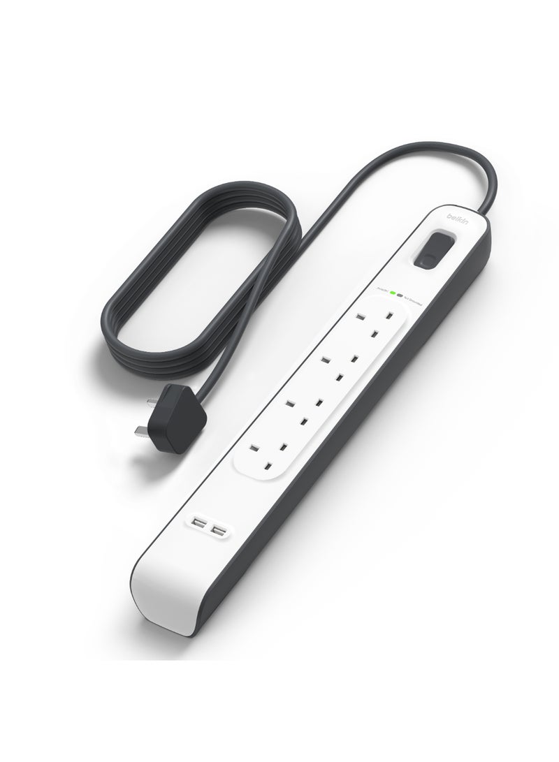belkin 4 Way/4 Plug Surge Protection Strip With 2 Meters Cord Length - Heavy Duty Electrical Extension Socket With 2 X 2.4 A Shared Usb Ports Black/White - Image 1