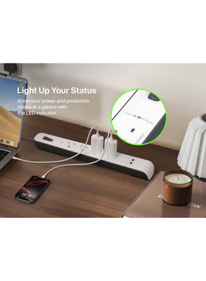 belkin 4 Way/4 Plug Surge Protection Strip With 2 Meters Cord Length - Heavy Duty Electrical Extension Socket With 2 X 2.4 A Shared Usb Ports Black/White - Image 4
