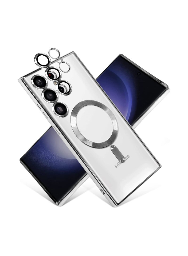 جراب مغناطيسي شفاف لهاتف Samsung Galaxy S23 Ultra 5G مع واقي عدسة الكاميرا ، متوافق مع MagSafe ، غطاء واقٍ نحيف مقاوم للصدمات مطلي بالكهرباء للنساء والرجال فضي