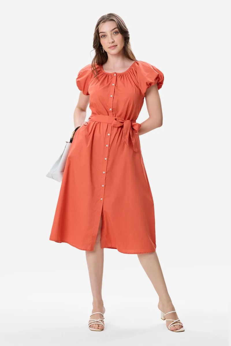فيرجيو Solid Cotton Bubble Sleeve Dress for Women