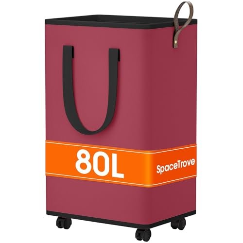 SpaceTrove Laundry Basket with Wheels, Collapsible Laundry Baskets, Laundry Hamper with Handles Detachable Wheels, Rolling Laundry Basket, Dirty Clothes Hamper for Bathroom, Dorm, Bedroom, Red, 80L - Image 1