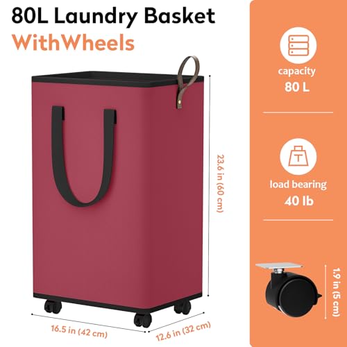 SpaceTrove Laundry Basket with Wheels, Collapsible Laundry Baskets, Laundry Hamper with Handles Detachable Wheels, Rolling Laundry Basket, Dirty Clothes Hamper for Bathroom, Dorm, Bedroom, Red, 80L - Image 4