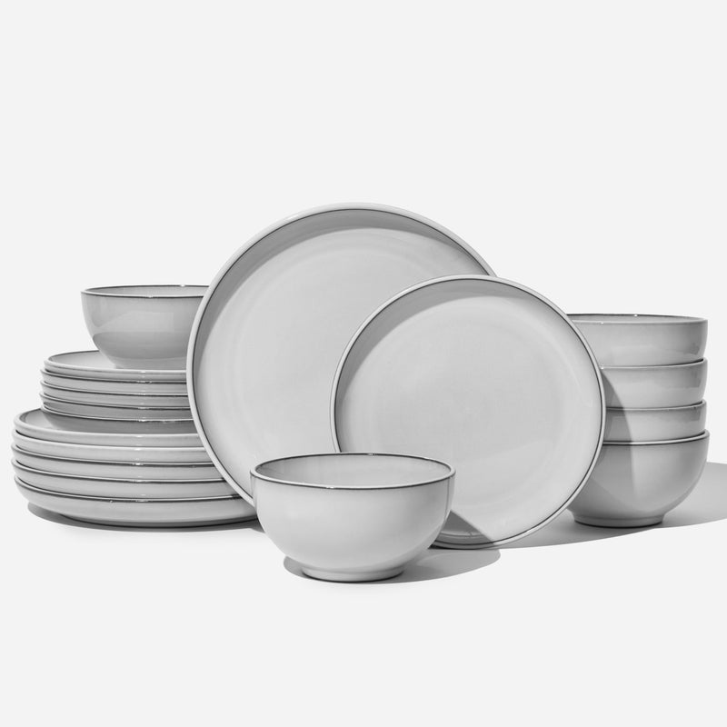 Pokini 18 Piece White Stoneware Dinnerware Set for 6, Santorini Mist Terracotta Plates and Bowls with Reactive Glaze, Microwave & Dishwasher Safe, Aesthetic Ceramic Dishes for Family Meals & Hosting - Image 1