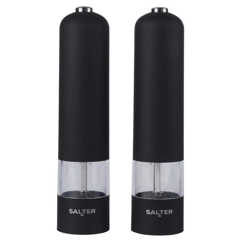 Salter 7524 BKXR Electric Salt  Pepper Grinder Set  Matt Black SoftTouch Push Button Operation Battery Powered Ceramic Mechanism Adjustable Fine to Coarse Grind 66g Sea Salt30g Peppercorns