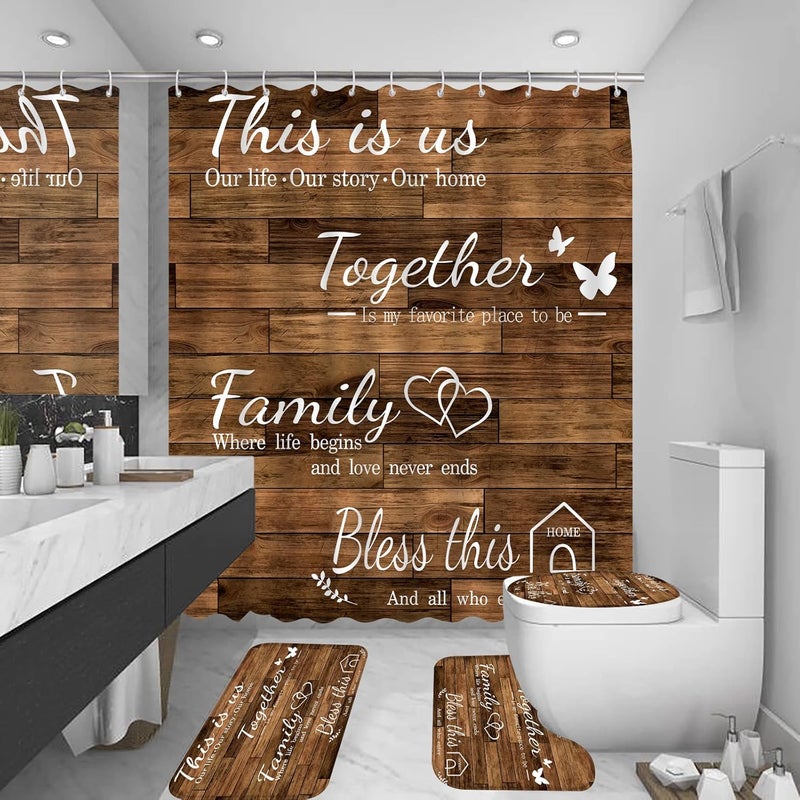 juwute 4Pcs Family Shower Curtain Sets with Non-Slip Rugs, Toilet Lid Cover and Bath Mat, Brown Home Bathroom Decor Set Accessories Waterproof Shower Curtains with 12 Hooks, 72 x 72 Inch - Image 1
