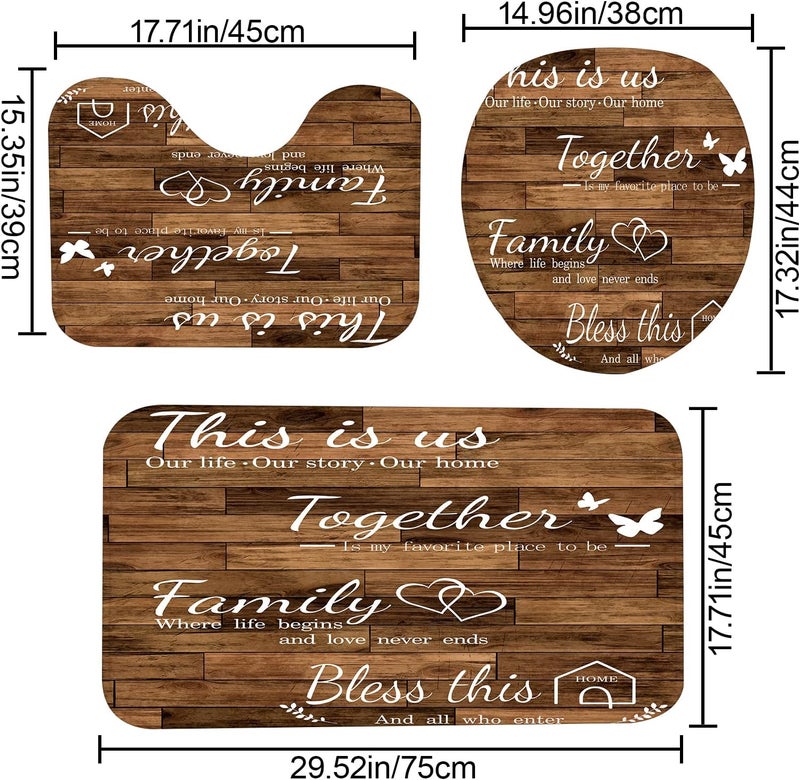 juwute 4Pcs Family Shower Curtain Sets with Non-Slip Rugs, Toilet Lid Cover and Bath Mat, Brown Home Bathroom Decor Set Accessories Waterproof Shower Curtains with 12 Hooks, 72 x 72 Inch - Image 4