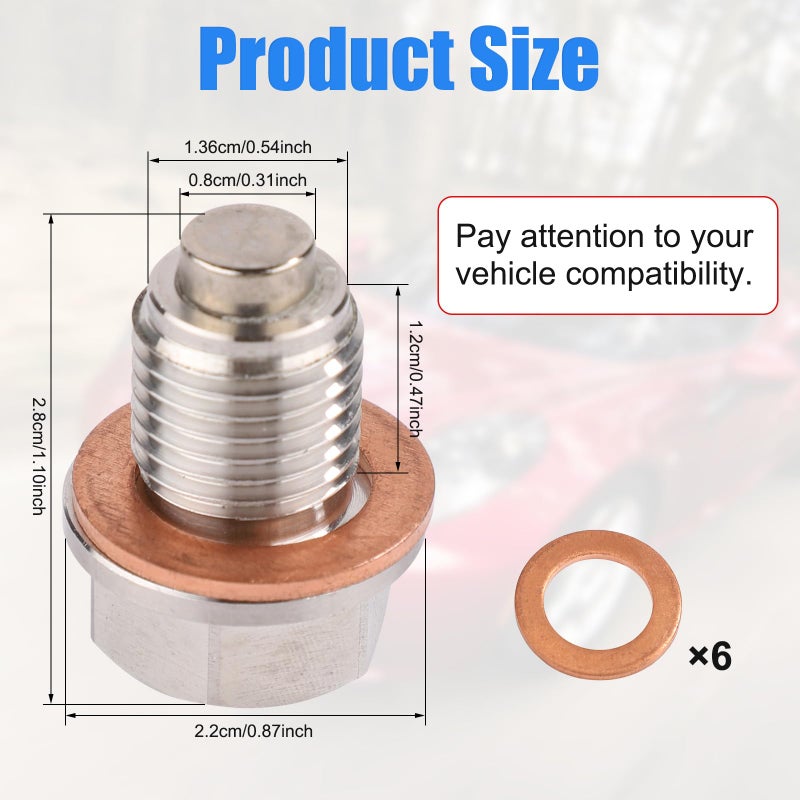 XIHIRCD XIHIRCD M14 x 1.5 Magnetic Oil Drain Plug, Stainless Steel 304 Oil Pan Drain Nut with 6 Washers Leak-proof Oil Pan Screw Seal for Most Vehicles, Car Accessories  - Image 2
