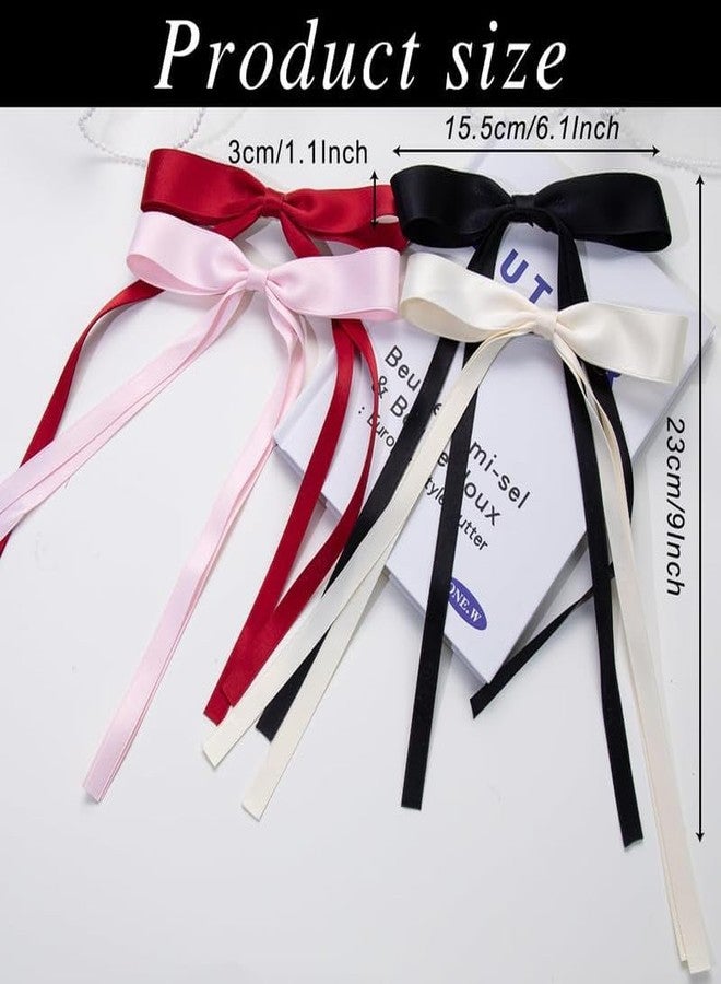 Shivashay 4 PCS Ribbon Hair Clips Bowknot with Long Tail | Large Hair Bows for Women | Non-Slip Hair Barrettes for Daily, Party, Wedding and Special Occasions (Multicolor) - Image 2