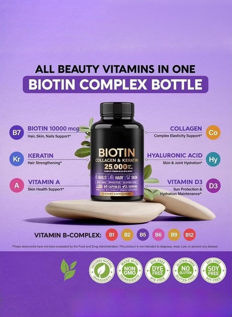 بيوتين مركب بيوتين كولاجين كيراتين، 25000 ميكروغرام، مكمل غذائي للشعر والبشرة والأظافر، حمض الهيالورونيك، فيتامينات ب (ب2، ب3، ب6، ب7)، تركيبة تم اختبارها سريريًا للنساء والرجال، 60 كبسولة - Image 2