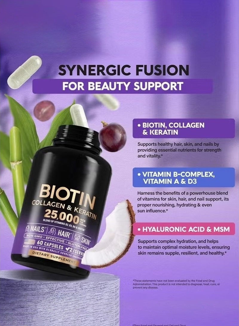 بيوتين مركب بيوتين كولاجين كيراتين، 25000 ميكروغرام، مكمل غذائي للشعر والبشرة والأظافر، حمض الهيالورونيك، فيتامينات ب (ب2، ب3، ب6، ب7)، تركيبة تم اختبارها سريريًا للنساء والرجال، 60 كبسولة - Image 4