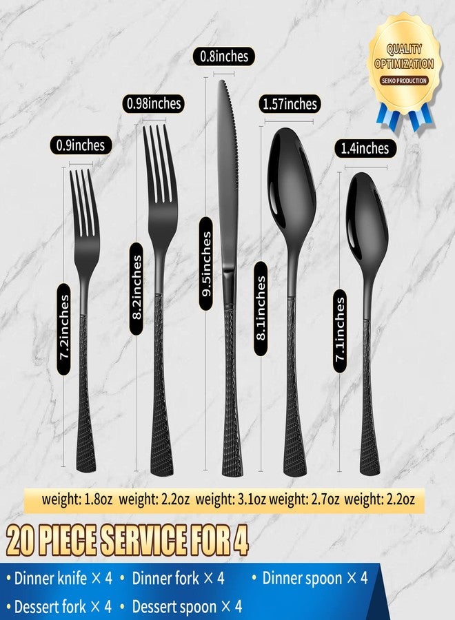 Lemeya Hammered Black Silverware Set,20 Piece Modern Flatware Set Service for 4,Mirror Polished Stainless Steel Cutlery Set Utensil Set Tableware Set,Kitchen Knives Forks Spoons Set,Dishwasher Safe - Image 2