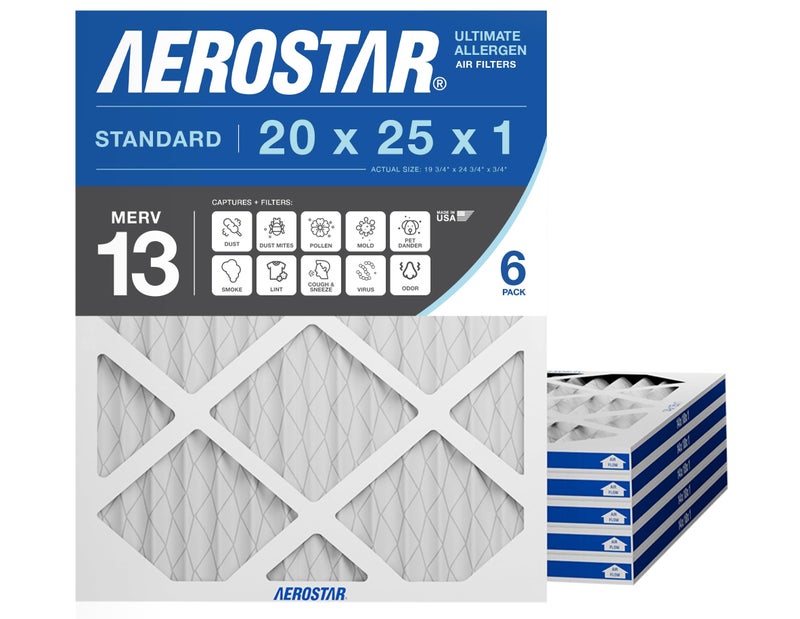 Aerostar 20x25x1 MERV 13 Air Filter, 6 Count, ACTUAL SIZE (19.75 x 24.75 x 0.75), HVAC, Air Conditioning & Furnace Filter for Allergies, Dust, Pet Dander & Smoke (MPR 1500 / FPR 10), Made in USA - Image 1