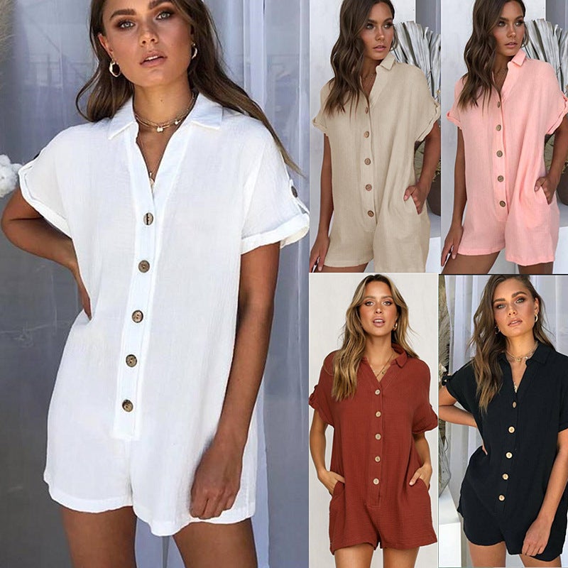Spot! Cross-border European and American Fashion Womens 2019 Spring and Summer New Ebay Hot Shirt Button Jumpsuit Pink  - Image 3