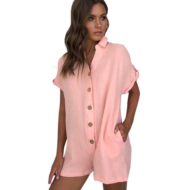 Spot! Cross-border European and American Fashion Womens 2019 Spring and Summer New Ebay Hot Shirt Button Jumpsuit Pink  - Image 1