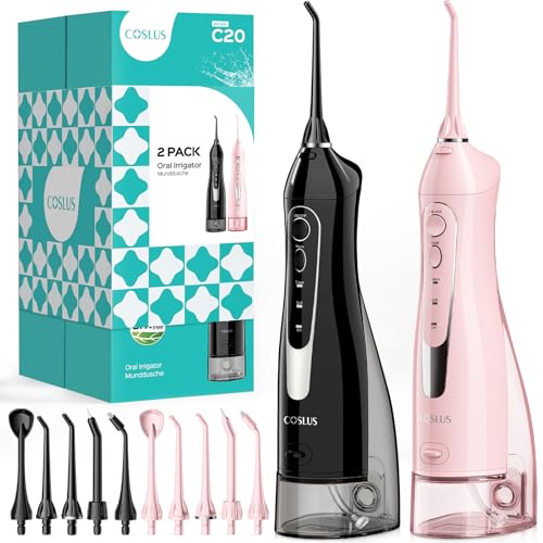 COSLUS 2 Pack Cordless Water Flosser with Elegant Packaging for Teeth, Braces, Gums Care - Easy to Use, Rechargeable, Waterproof, Portable for Travel, BPA-Free, Black & Pink, C20(F5020E) - Image 1