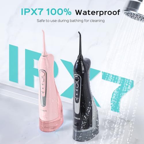 COSLUS 2 Pack Cordless Water Flosser with Elegant Packaging for Teeth, Braces, Gums Care - Easy to Use, Rechargeable, Waterproof, Portable for Travel, BPA-Free, Black & Pink, C20(F5020E) - Image 3