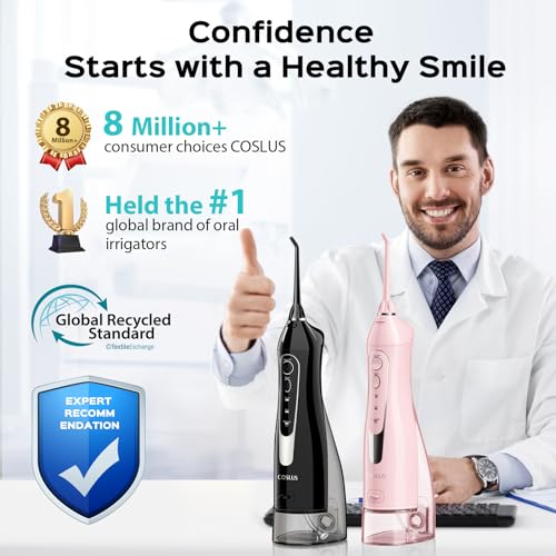COSLUS 2 Pack Cordless Water Flosser with Elegant Packaging for Teeth, Braces, Gums Care - Easy to Use, Rechargeable, Waterproof, Portable for Travel, BPA-Free, Black & Pink, C20(F5020E) - Image 2