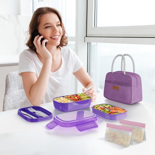 JBGOYON صندوق غداء JBGOYON® بنمط بينتو مع حقيبة - حاويات غداء قابلة للتكديس بزاوية 3 طبقات للبالغين والأطفال، سعة 1900 مل بتصميم حديث، مجموعة أدوات مدمجة، حقيبة غداء (بنفسجي) - Image 5