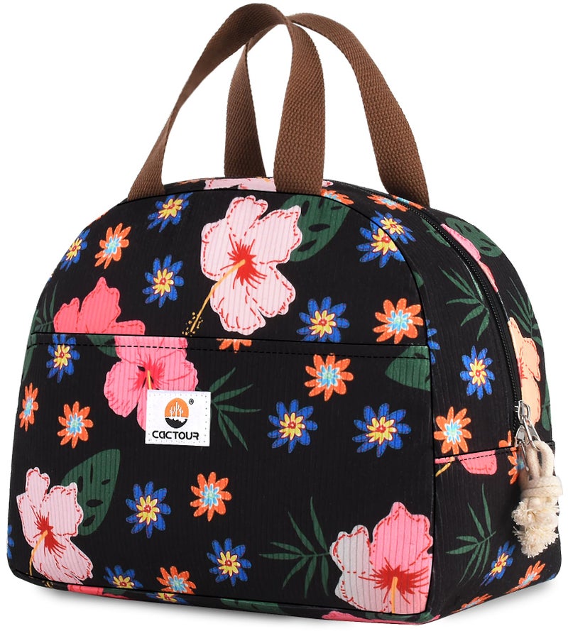 CaCTOUR Large Lunch Box for Women, Cute Lunch Box Cooler Bag, Portable Insulated LunchBox Reusable Corduroy Lunch Tote for Work/Travel/Picnic (Flower) - Image 1