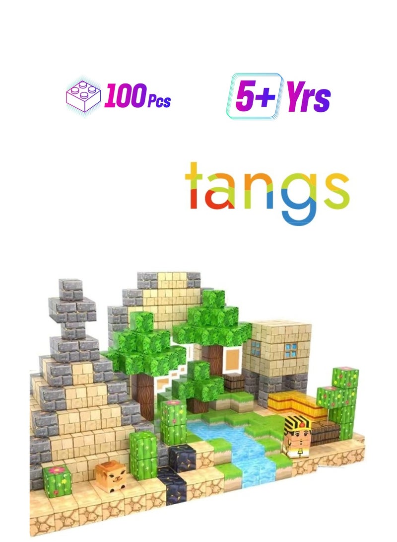 ملقط 100قطعة من المكعبات المغناطيسية - مجموعة بناء عالم الاطيس مع موضوع مغامرات مصرية | ألعاب بناء مغناطيسية للأطفال الصغار | ألعاب تعليمية وحسية للخارج | بلاط مغناطيسي آمن وغير سام للأولاد والبنات من عمر3 إلى 7 سنواتمغن مجموعات ألعاب البناء - Image 1