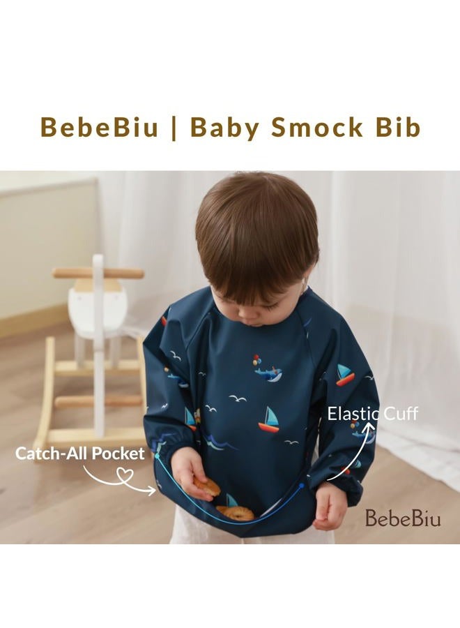 BebeBiu Long Sleeve Baby Bib, Waterproof Fabric, Catch-All Pocket, Baby Smock Bib, Adjustable Sleeves (Dino Sage, Small 6-24 Months) - Image 5