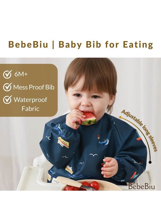 BebeBiu Long Sleeve Baby Bib, Waterproof Fabric, Catch-All Pocket, Baby Smock Bib, Adjustable Sleeves (Dino Sage, Small 6-24 Months) - Image 4