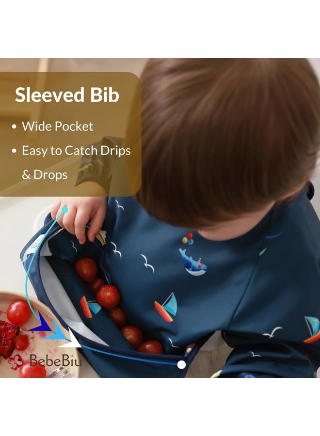 BebeBiu Long Sleeve Baby Bib, Waterproof Fabric, Catch-All Pocket, Baby Smock Bib, Adjustable Sleeves (Dino Sage, Small 6-24 Months) - Image 2