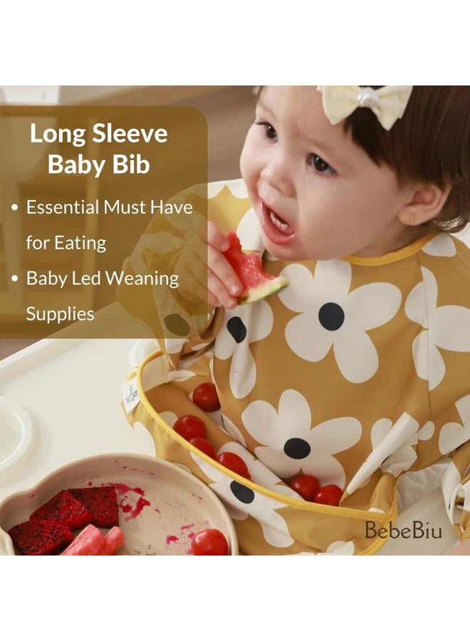 BebeBiu Long Sleeve Baby Bib, Waterproof Fabric, Catch-All Pocket, Baby Smock Bib, Adjustable Sleeves (Dino Sage, Small 6-24 Months) - Image 3