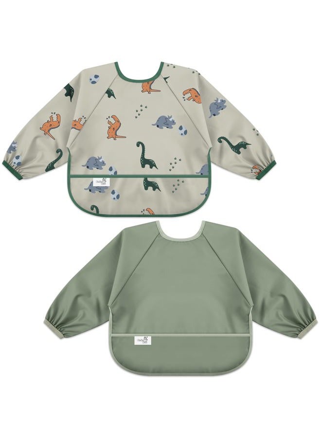 BebeBiu Long Sleeve Baby Bib, Waterproof Fabric, Catch-All Pocket, Baby Smock Bib, Adjustable Sleeves (Dino Sage, Small 6-24 Months) - Image 1