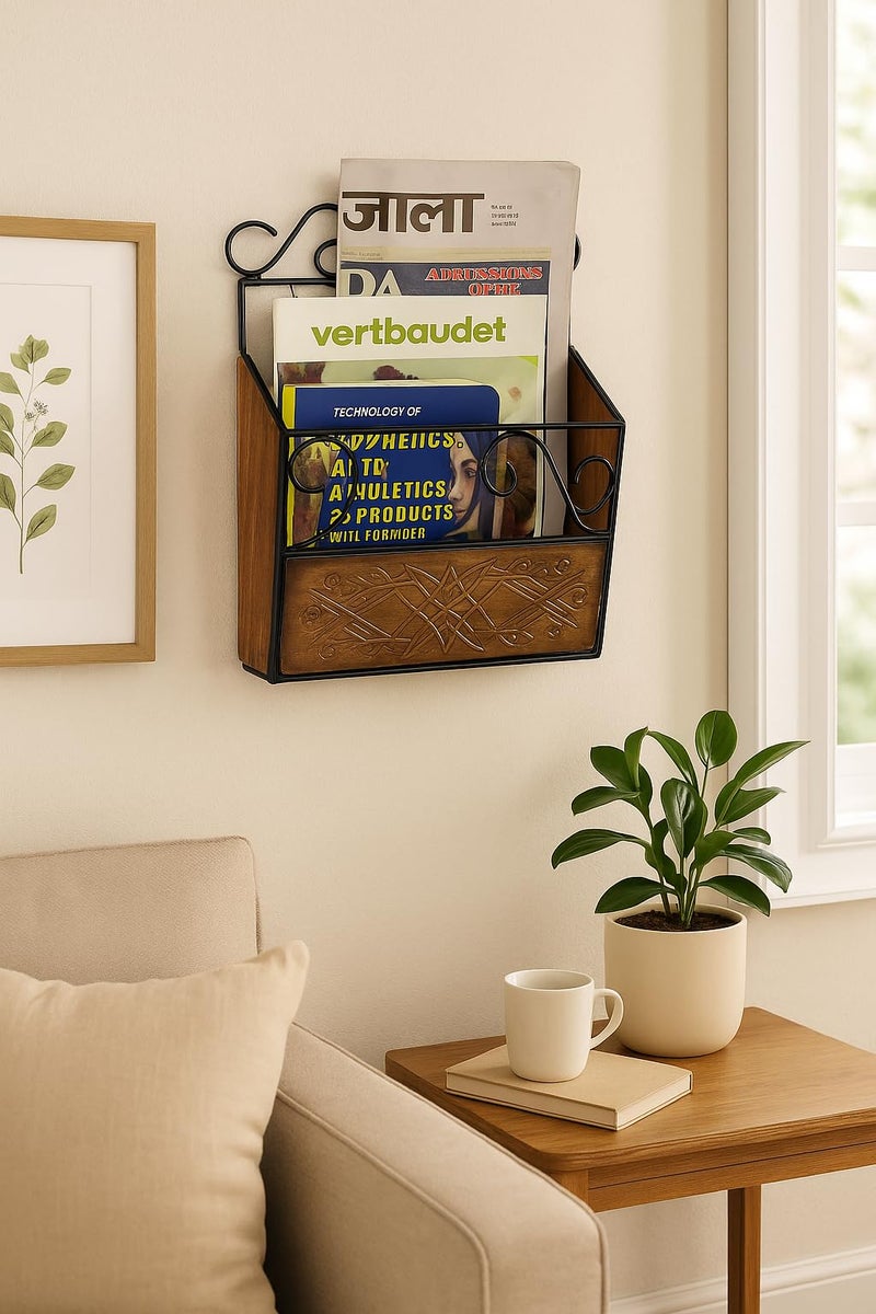 CRAFTCASTLE Wood & Wrought Iron Modern Elegance Magazine Newspaper & Book Wall Rack for Home & Office, Black & Natural Finish, 38x28x11 cm - Image 5