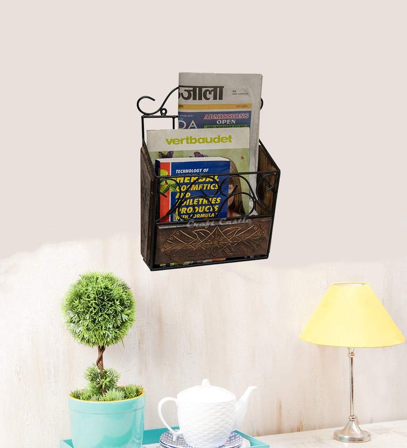 CRAFTCASTLE Wood & Wrought Iron Modern Elegance Magazine Newspaper & Book Wall Rack for Home & Office, Black & Natural Finish, 38x28x11 cm - Image 2