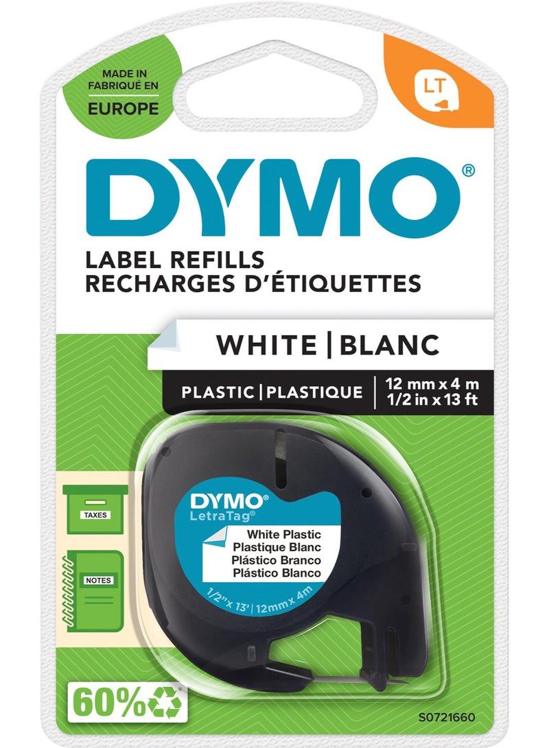 DYMO Letratag Plastic Tape, Self Adhesive, 12 Mm X 4 M Roll, Black Print On White, S0721660 - Image 1