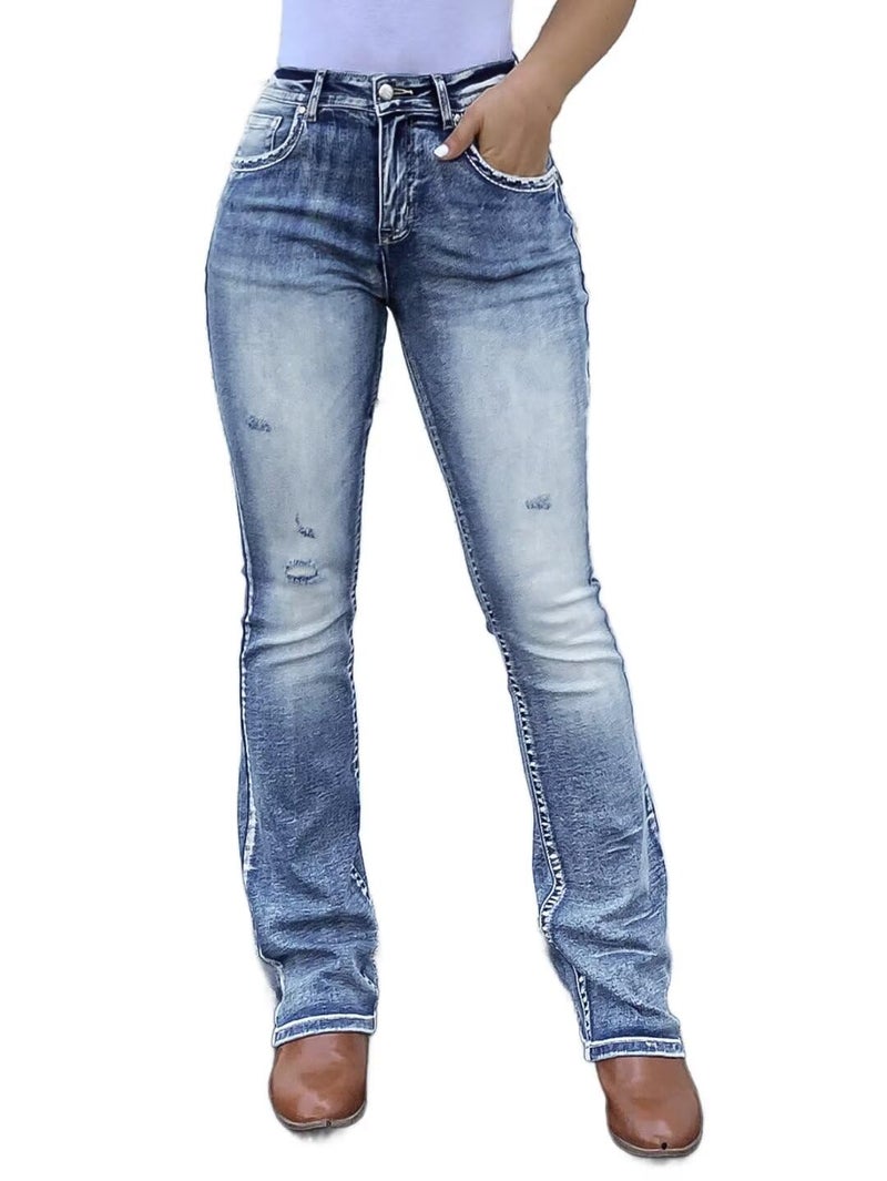 Flamingals Boot Cut Jeans for Women Trendy Stretch Jeans Butt Lifting Tummy Control Denim Pants Mid Blue M - Image 2