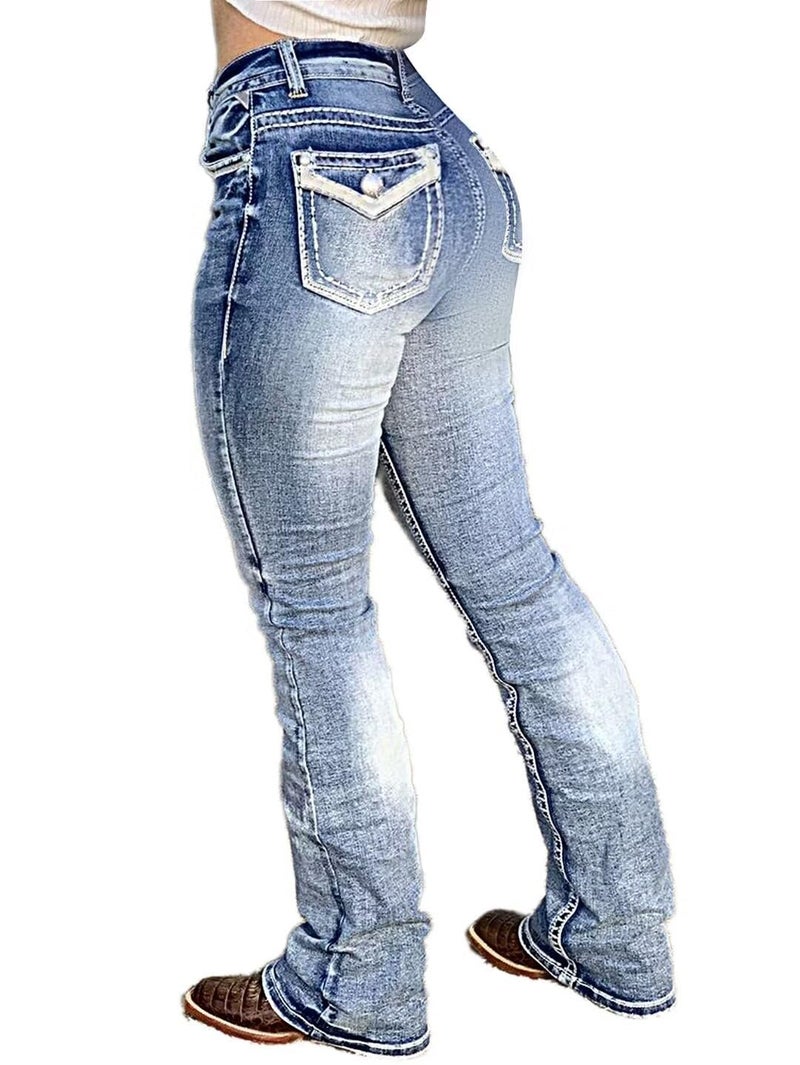 Flamingals Boot Cut Jeans for Women Trendy Stretch Jeans Butt Lifting Tummy Control Denim Pants Mid Blue M - Image 1