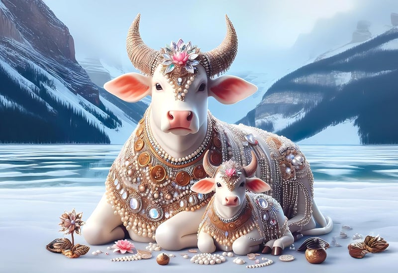 Anaadi kamdhenu cow with Calf Photo Poster Without Frame for Home Office Decoration 12x18 Inch - Image 1