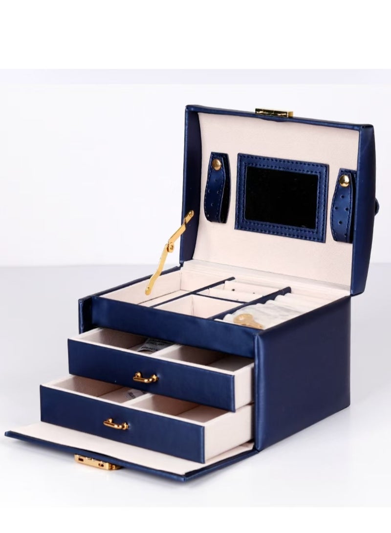 Jewellery Organiser MultiLayer PU Leather Portable Lockable Storage Box Case with Dividers Container for Rings, Earrings, Necklace Home Organizer - Dark Blue  - Image 1