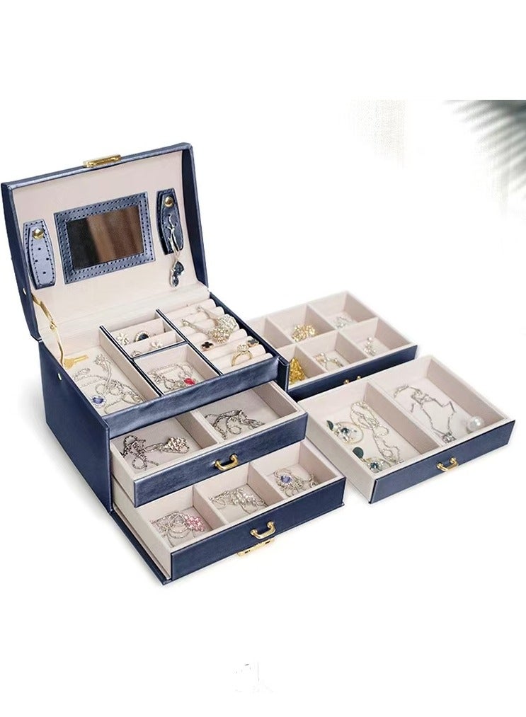 Jewellery Organiser MultiLayer PU Leather Portable Lockable Storage Box Case with Dividers Container for Rings, Earrings, Necklace Home Organizer - Dark Blue  - Image 4