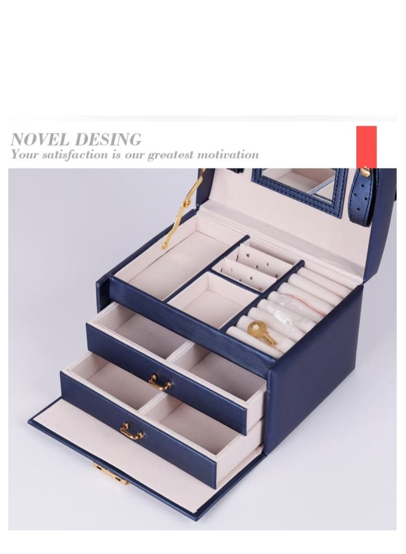 Jewellery Organiser MultiLayer PU Leather Portable Lockable Storage Box Case with Dividers Container for Rings, Earrings, Necklace Home Organizer - Dark Blue  - Image 5