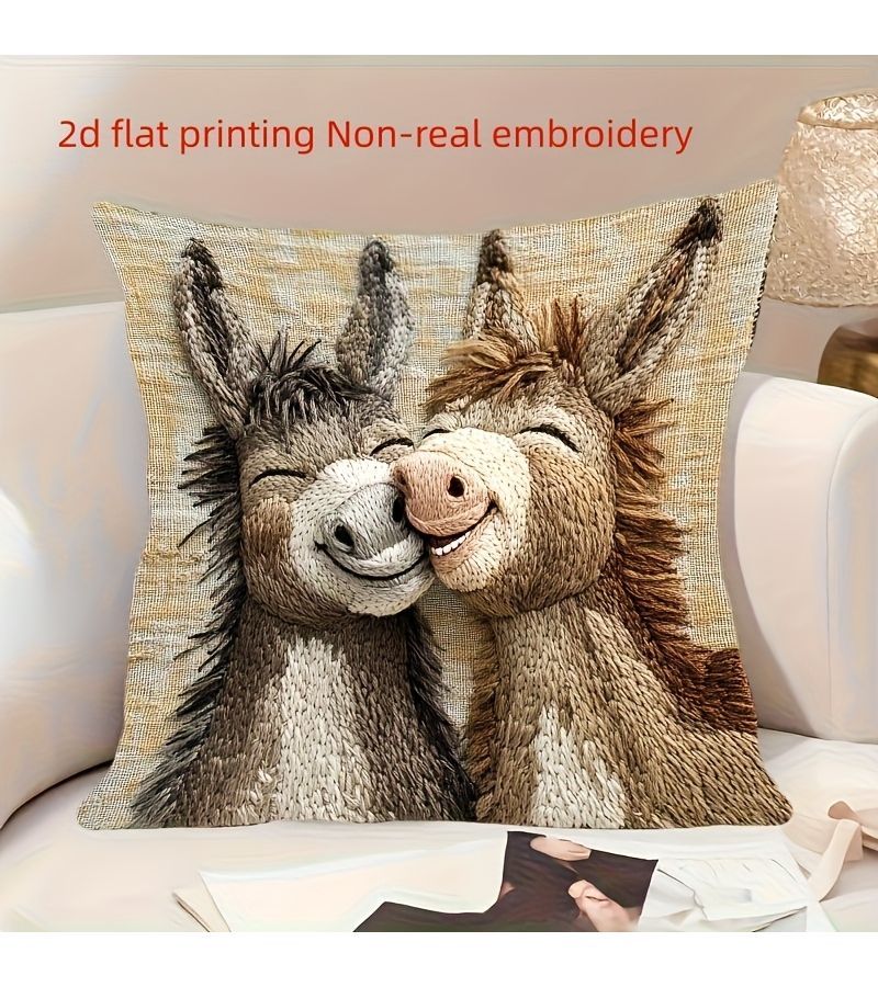 Plush Donkey Pillowcase 2D Flat Printing Soft Beige 18x18 Inch Home Decor - Image 1