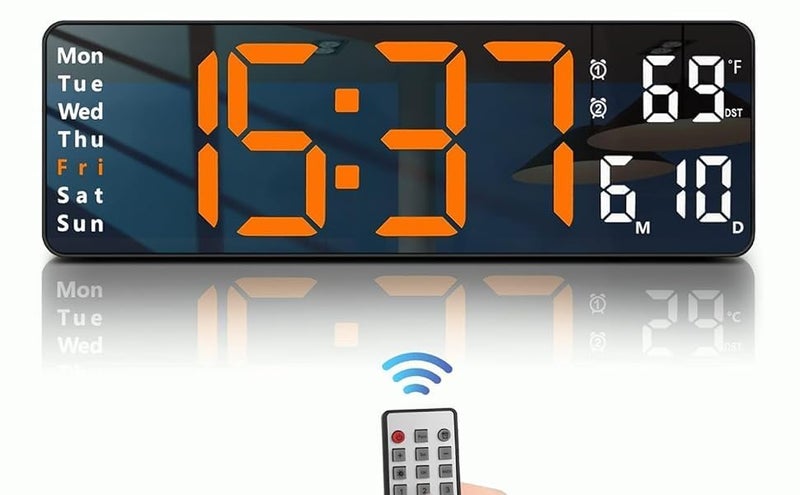 Astrometric 15-Inch Digital Wall Clock with Large LED Display – Remote Control, Auto-Dimming, Night Light, Date, Day, Temperature, DST Function – Ideal for Living Room, Bedroom (Orange & White) - Image 1