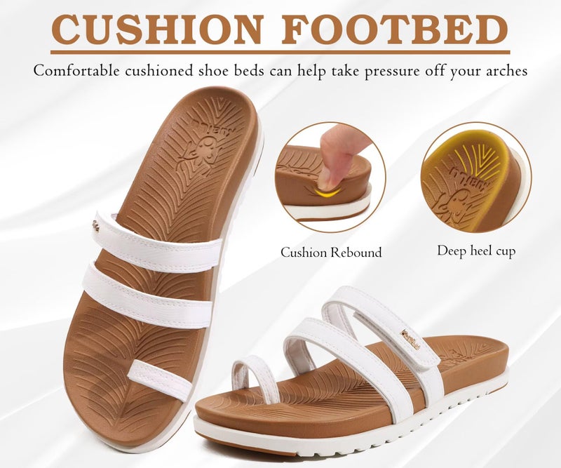 KuaiLu Womens Slides Sandals With Arch Support Comfort Plantar Fasciitis Yoga Mat Cushion Sandals Fashion Summer Beach Walking Adjustable Ladies Flat Orthotic Slip On Sandles Khaki White Size 8 - Image 5