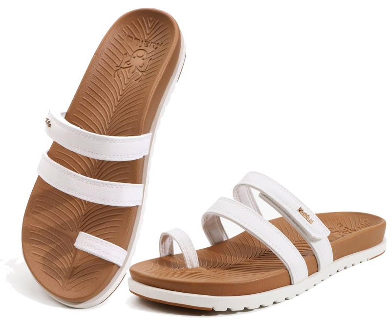 KuaiLu Womens Slides Sandals With Arch Support Comfort Plantar Fasciitis Yoga Mat Cushion Sandals Fashion Summer Beach Walking Adjustable Ladies Flat Orthotic Slip On Sandles Khaki White Size 8 - Image 1