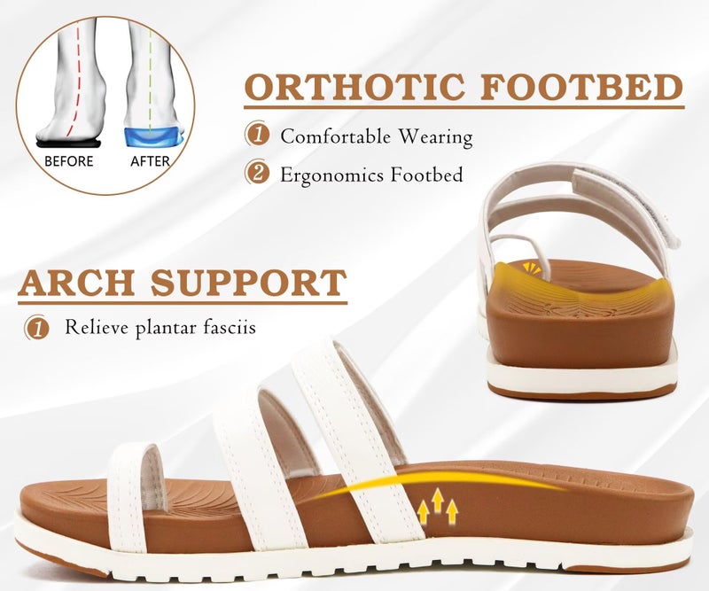 KuaiLu Womens Slides Sandals With Arch Support Comfort Plantar Fasciitis Yoga Mat Cushion Sandals Fashion Summer Beach Walking Adjustable Ladies Flat Orthotic Slip On Sandles Khaki White Size 8 - Image 3