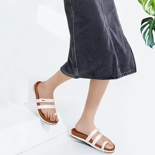 KuaiLu Womens Slides Sandals With Arch Support Comfort Plantar Fasciitis Yoga Mat Cushion Sandals Fashion Summer Beach Walking Adjustable Ladies Flat Orthotic Slip On Sandles Khaki White Size 8 - Image 2