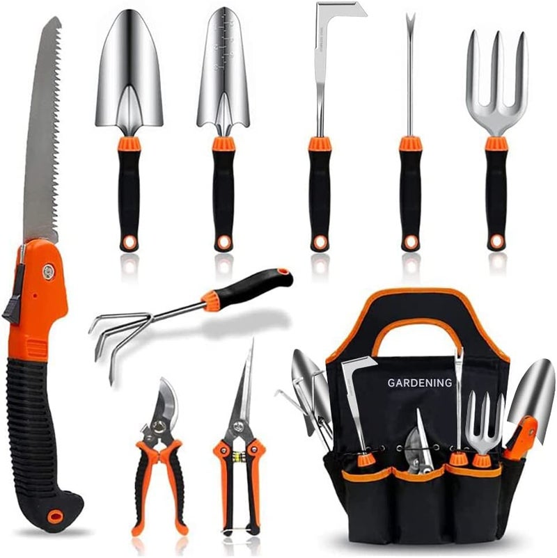 QINGFANGLI Garden Tool Set,10 PCS Stainless Steel Heavy Duty Gardening Tool Set with Soft Rubberized Non-Slip Ergonomic Handle Storage Tote Bag,Gardening Tool Set Gifts for Women and Men - Image 1